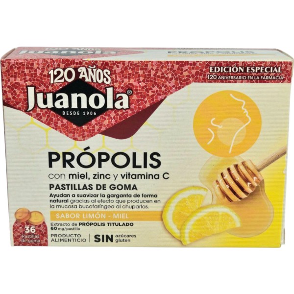 Juanola Própolis Miel Zinc y Vitamina C 36 Pastillas de Goma Sabor Limón y Miel